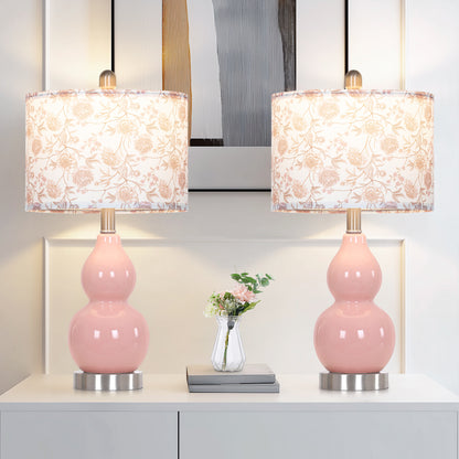 Elegant Pink Ceramic Table Lamp with White Floral-Print Shade, 2-Stage Knob Switch, Includes 9W LED Bulb(Set of 2)