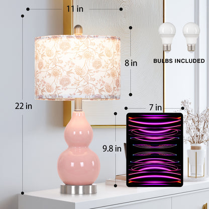 Elegant Pink Ceramic Table Lamp with White Floral-Print Shade, 2-Stage Knob Switch, Includes 9W LED Bulb(Set of 2)