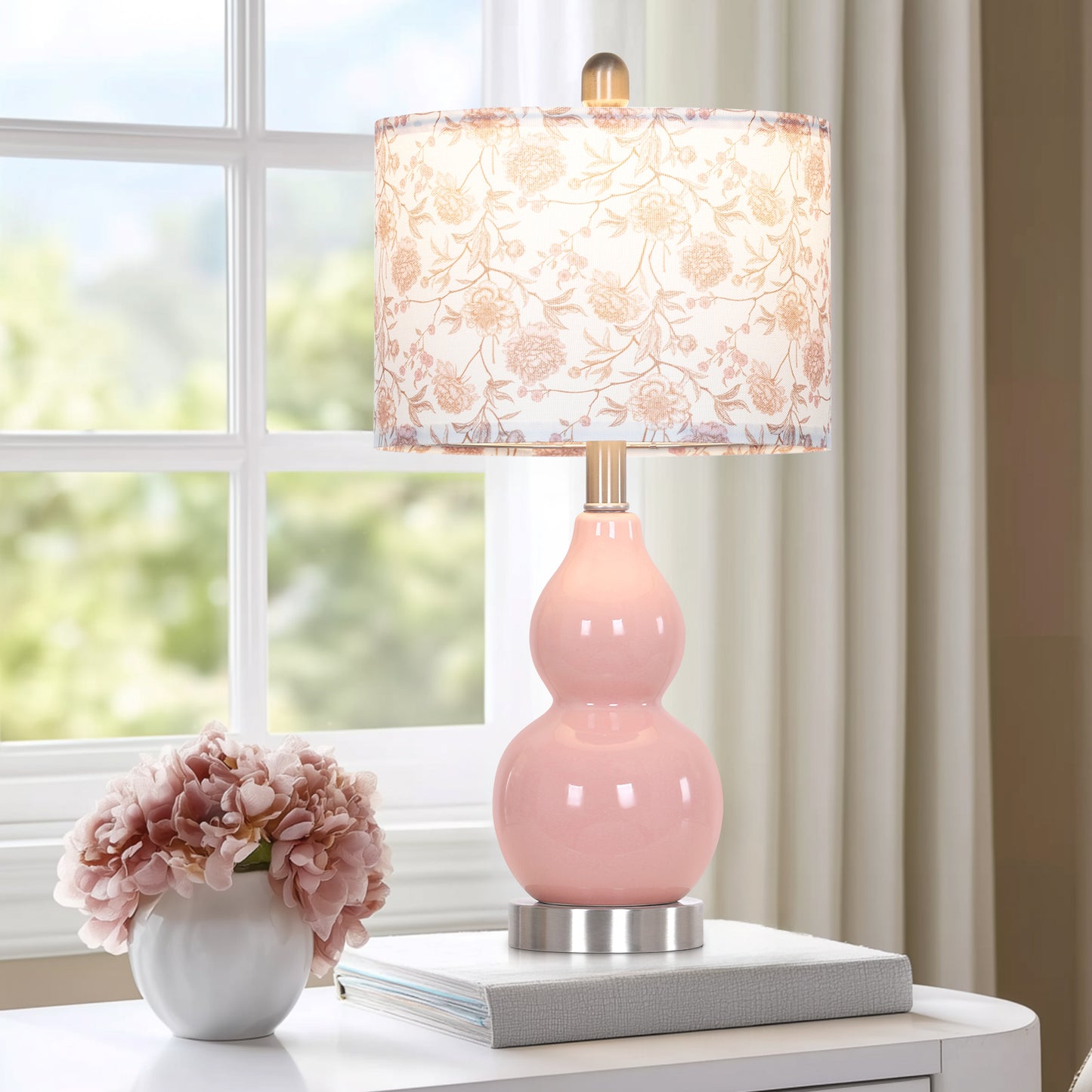 Elegant Pink Ceramic Table Lamp with White Floral-Print Shade, 2-Stage Knob Switch, Includes 9W LED Bulb(Set of 2)