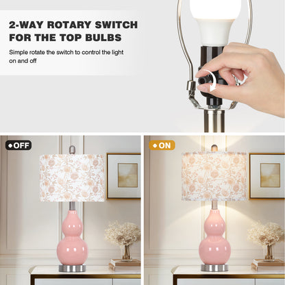Elegant Pink Ceramic Table Lamp with White Floral-Print Shade, 2-Stage Knob Switch, Includes 9W LED Bulb(Set of 2)