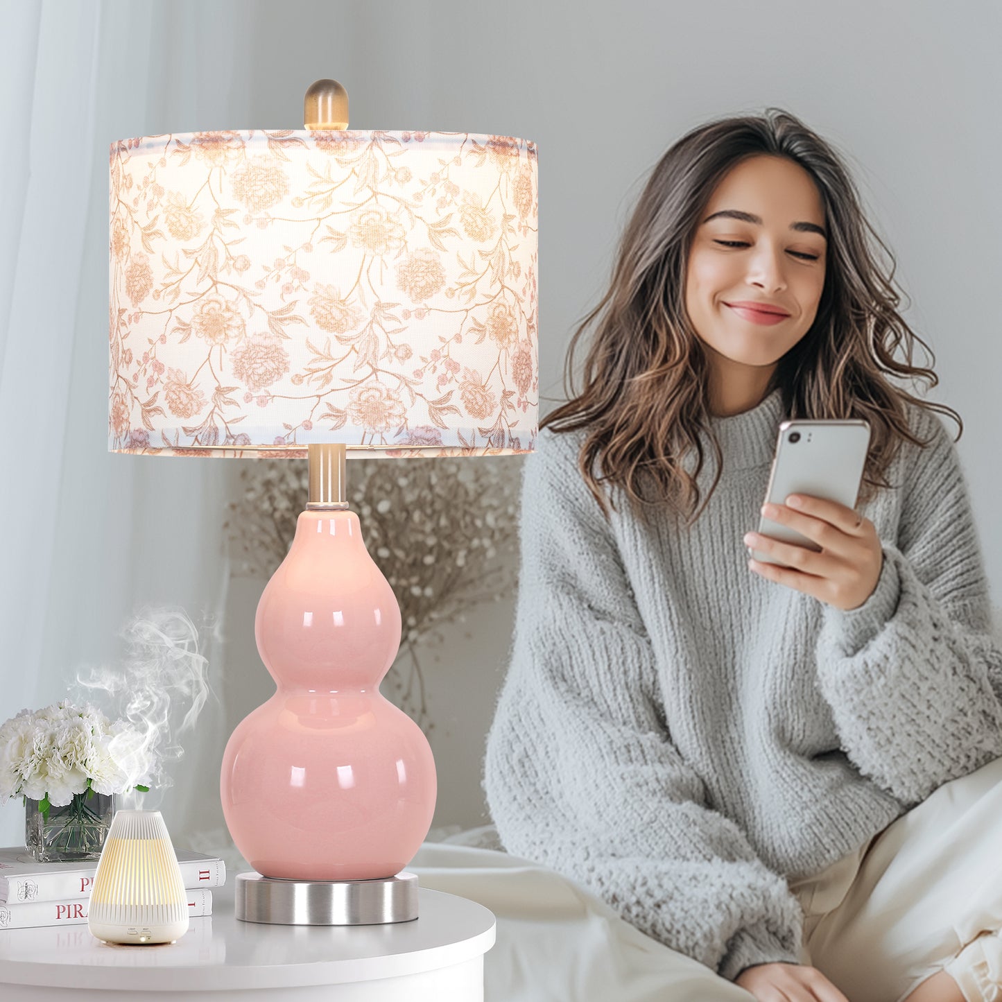 Elegant Pink Ceramic Table Lamp with White Floral-Print Shade, 2-Stage Knob Switch, Includes 9W LED Bulb(Set of 2)