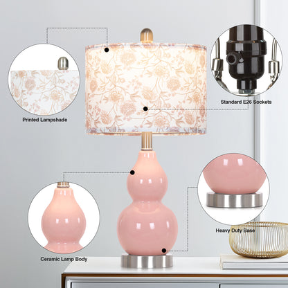 Elegant Pink Ceramic Table Lamp with White Floral-Print Shade, 2-Stage Knob Switch, Includes 9W LED Bulb(Set of 2)