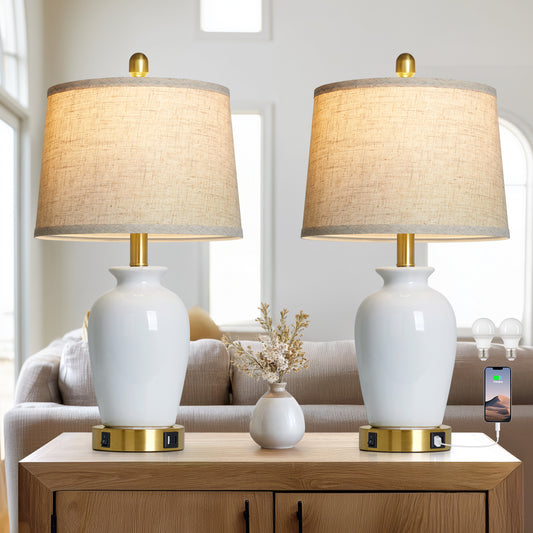 Modern Ceramic Table Lamps with USB-C Ports, Golden Accents, and Linen Shades(Set of 2)