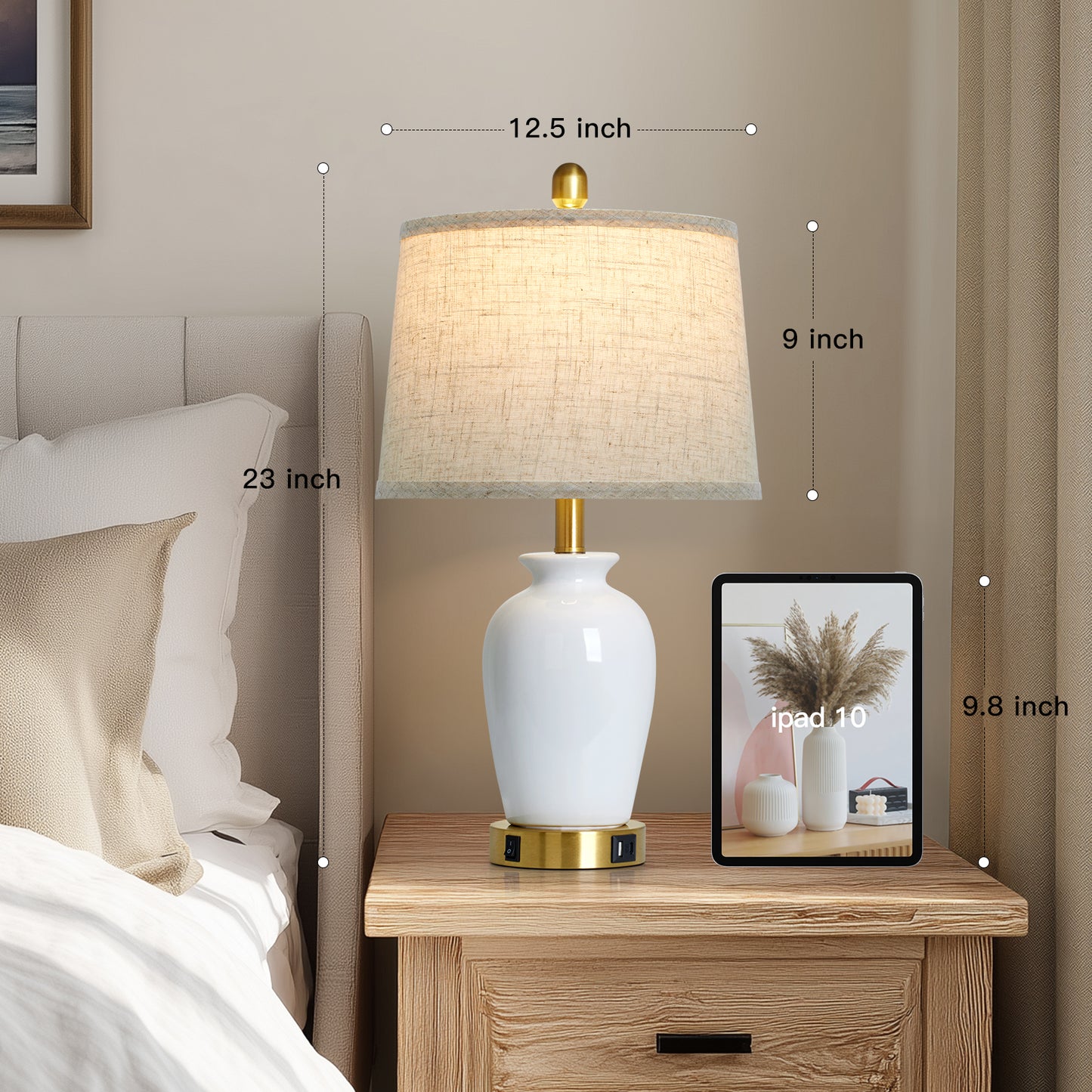 Modern Ceramic Table Lamps with USB-C Ports, Golden Accents, and Linen Shades(Set of 2)