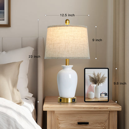 Modern Ceramic Table Lamps with USB-C Ports, Golden Accents, and Linen Shades(Set of 2)