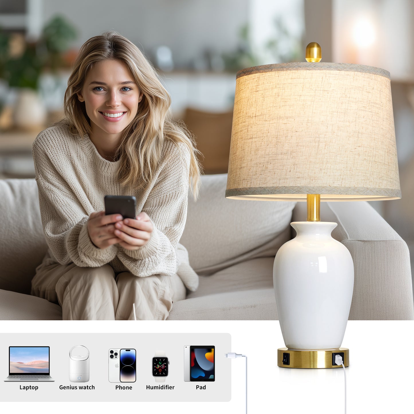 Modern Ceramic Table Lamps with USB-C Ports, Golden Accents, and Linen Shades(Set of 2)