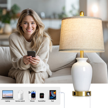 Modern Ceramic Table Lamps with USB-C Ports, Golden Accents, and Linen Shades(Set of 2)
