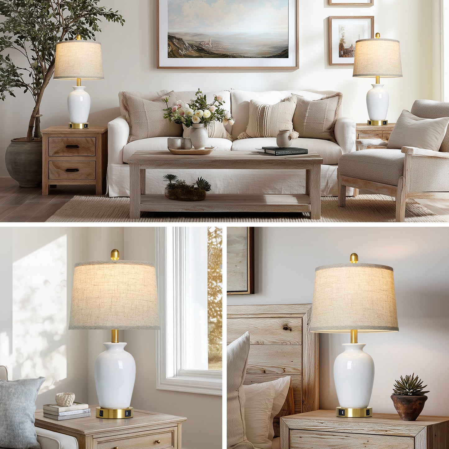 Modern Ceramic Table Lamps with USB-C Ports, Golden Accents, and Linen Shades(Set of 2)