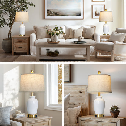 Modern Ceramic Table Lamps with USB-C Ports, Golden Accents, and Linen Shades(Set of 2)