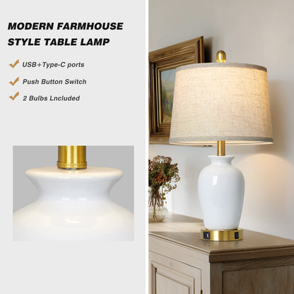 Modern Ceramic Table Lamps with USB-C Ports, Golden Accents, and Linen Shades(Set of 2)