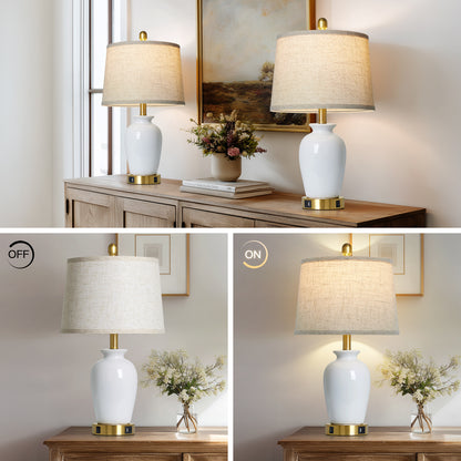 Modern Ceramic Table Lamps with USB-C Ports, Golden Accents, and Linen Shades(Set of 2)