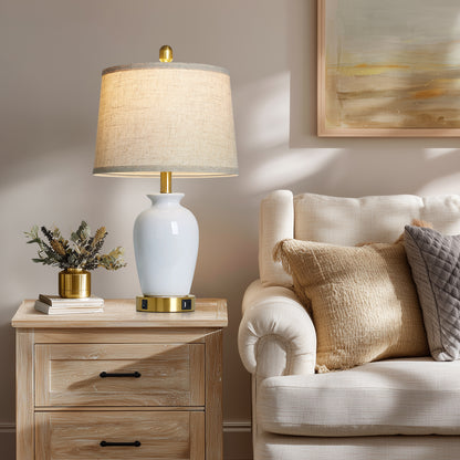 Modern Ceramic Table Lamps with USB-C Ports, Golden Accents, and Linen Shades(Set of 2)