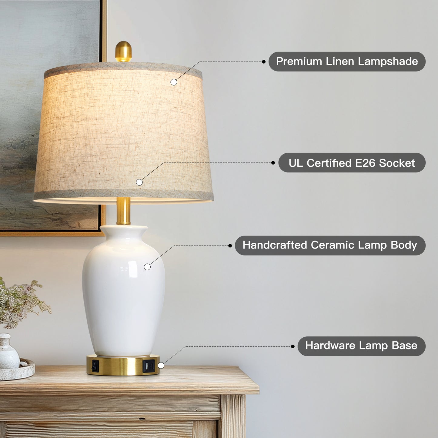 Modern Ceramic Table Lamps with USB-C Ports, Golden Accents, and Linen Shades(Set of 2)