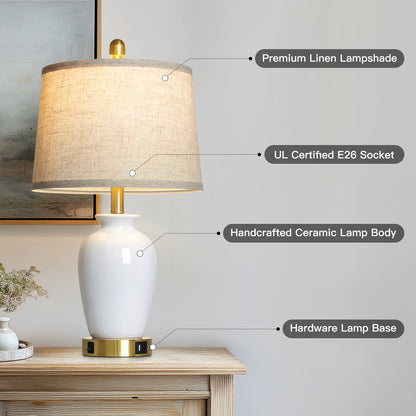 Modern Ceramic Table Lamps with USB-C Ports, Golden Accents, and Linen Shades(Set of 2)