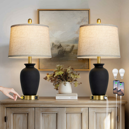 23‘’ Ceramic Table Lamp with USB/Type-C Charging, 3000K LED Bulb & Linen Shade(Set of 2)