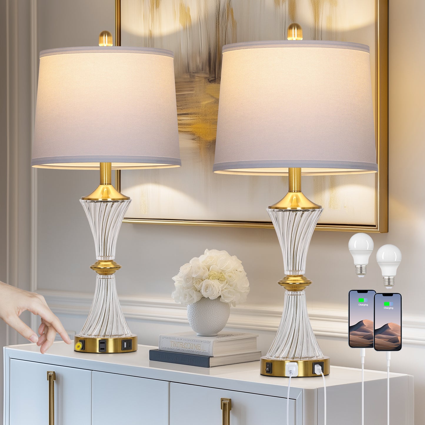 Elegant Table Lamp with USB-C & USB Charging Ports, Brass and Glass Design(Set of 2)