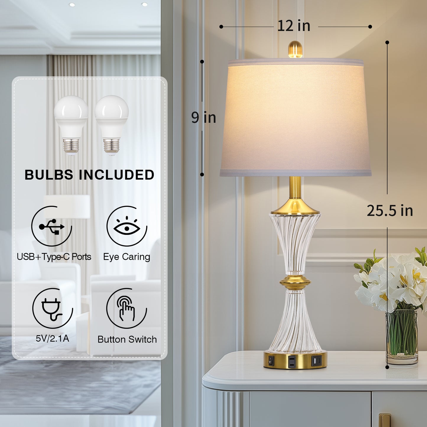 Elegant Table Lamp with USB-C & USB Charging Ports, Brass and Glass Design(Set of 2)