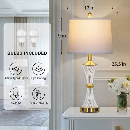 Elegant Table Lamp with USB-C & USB Charging Ports, Brass and Glass Design(Set of 2)