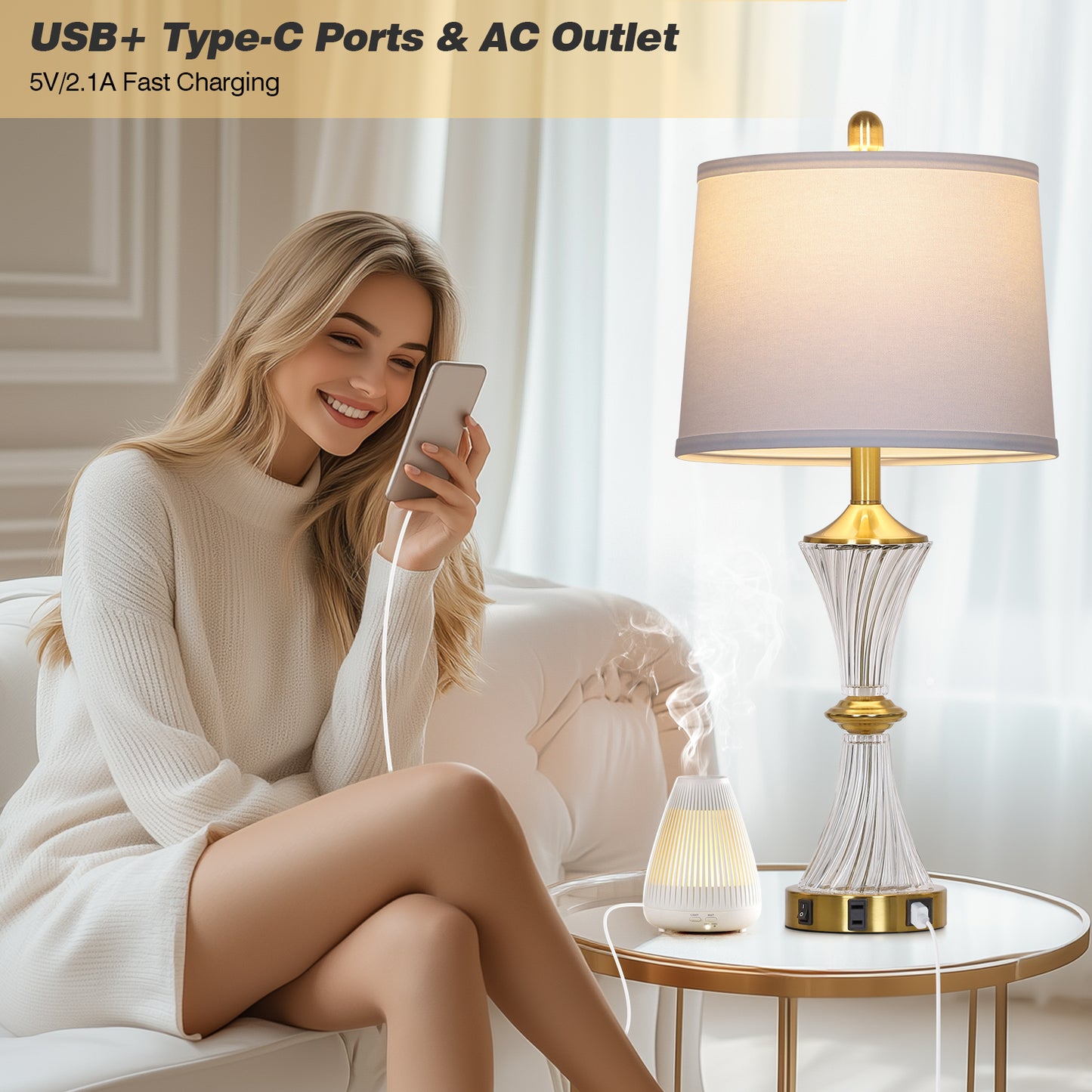 Elegant Table Lamp with USB-C & USB Charging Ports, Brass and Glass Design(Set of 2)