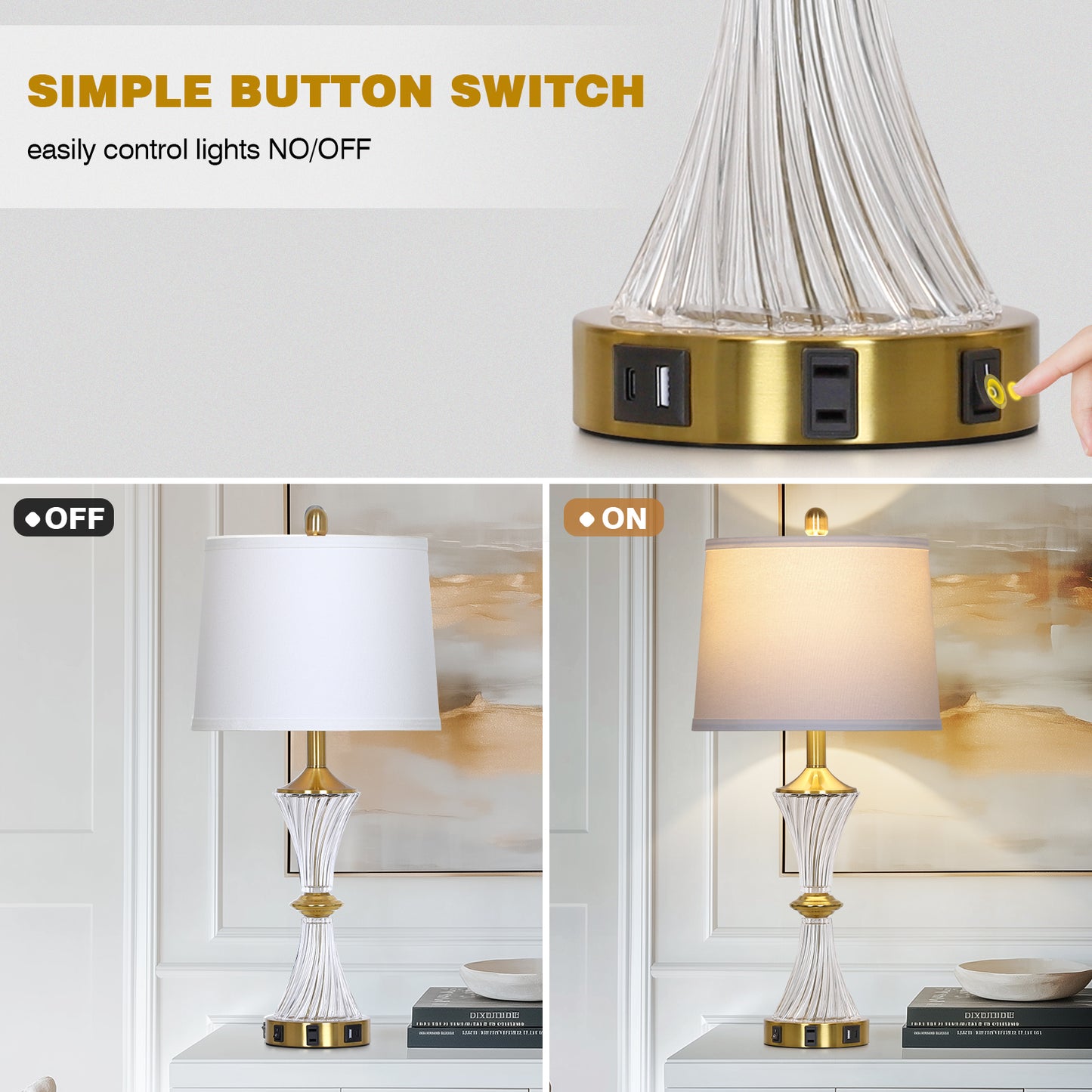 Elegant Table Lamp with USB-C & USB Charging Ports, Brass and Glass Design(Set of 2)