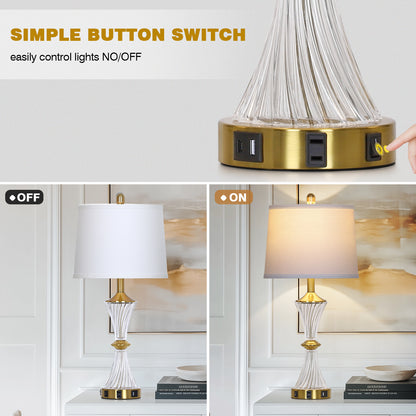 Elegant Table Lamp with USB-C & USB Charging Ports, Brass and Glass Design(Set of 2)