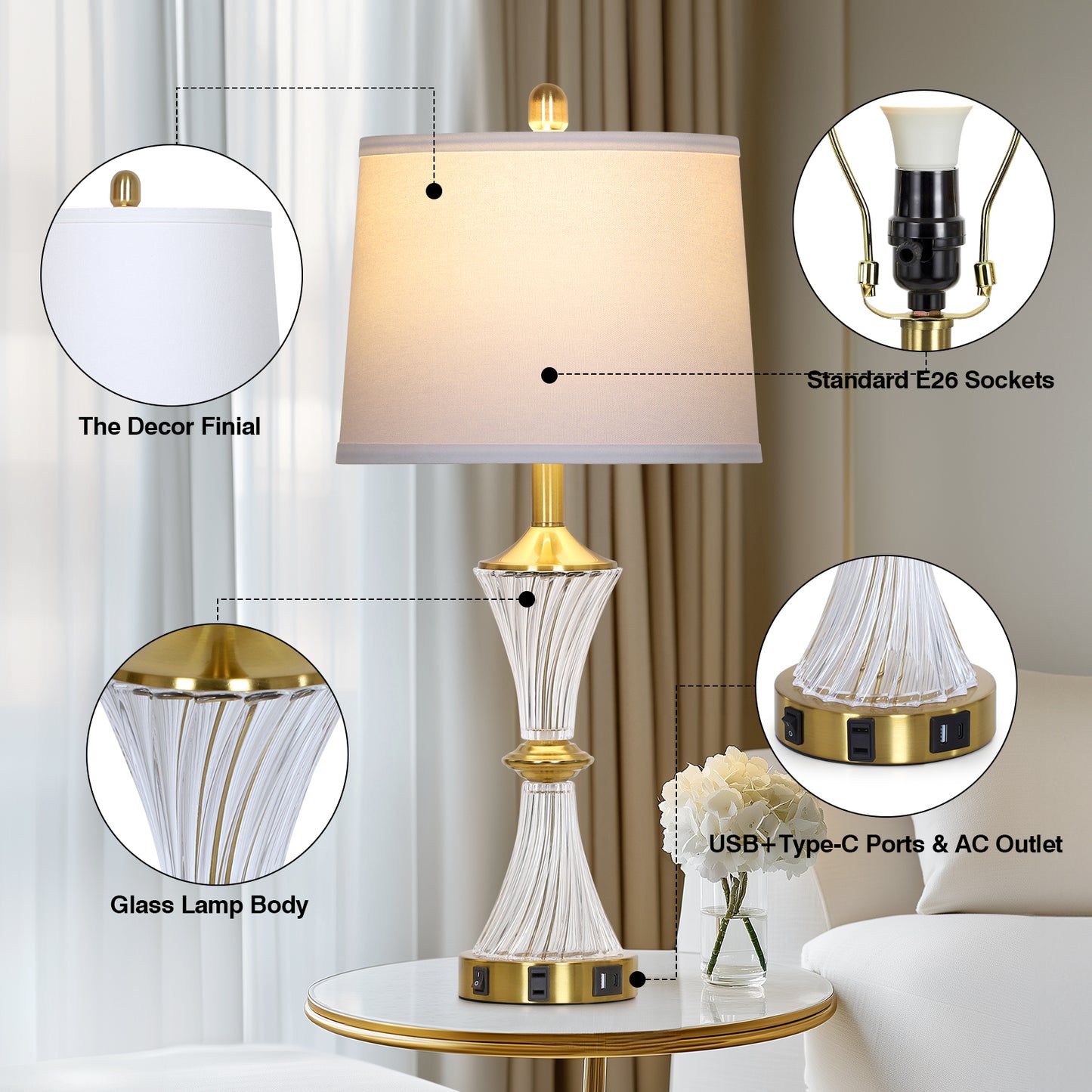 Elegant Table Lamp with USB-C & USB Charging Ports, Brass and Glass Design(Set of 2)