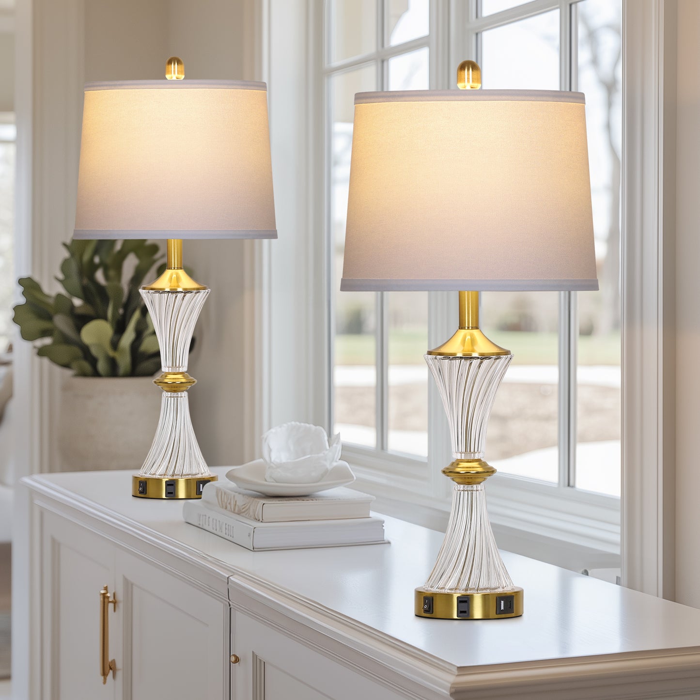 Elegant Table Lamp with USB-C & USB Charging Ports, Brass and Glass Design(Set of 2)