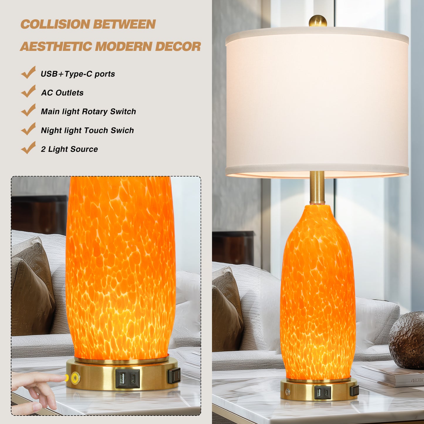 Modern Table Lamp with USB-C & USB Ports, AC Outlet, and Dual LED Lighting(Set of 2)