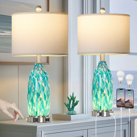 25'' Turquoise Mosaic Table Lamp with USB + Type-C Charging, 3-Way Touch Switch White Linen Shade(Set of 2)