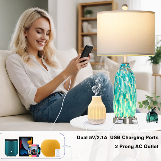 25'' Turquoise Mosaic Table Lamp with USB + Type-C Charging, 3-Way Touch Switch White Linen Shade(Set of 2)