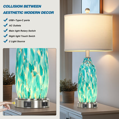 25'' Turquoise Mosaic Table Lamp with USB + Type-C Charging, 3-Way Touch Switch White Linen Shade(Set of 2)