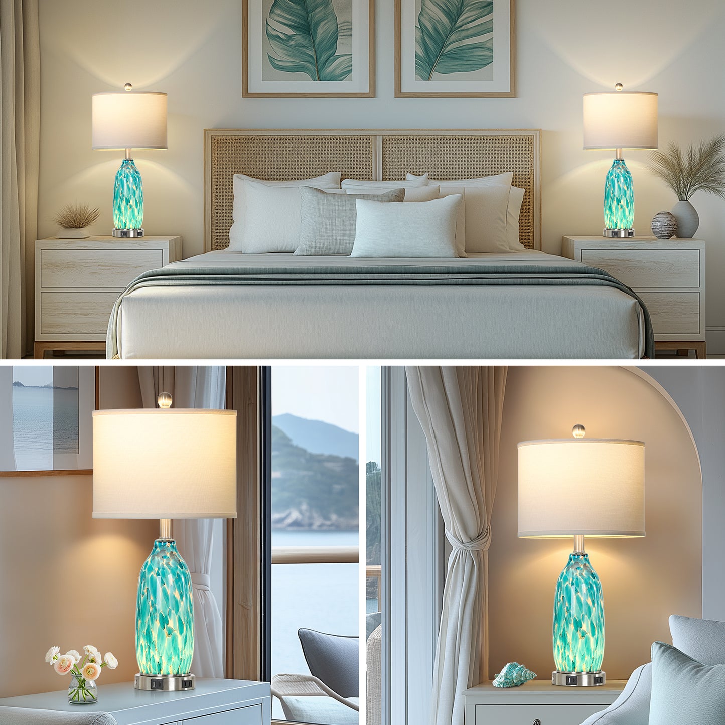 25'' Turquoise Mosaic Table Lamp with USB + Type-C Charging, 3-Way Touch Switch White Linen Shade(Set of 2)