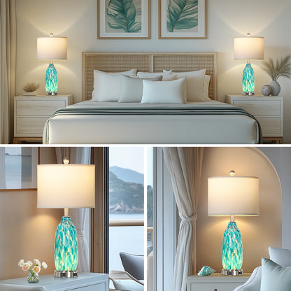 25'' Turquoise Mosaic Table Lamp with USB + Type-C Charging, 3-Way Touch Switch White Linen Shade(Set of 2)