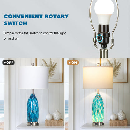25'' Turquoise Mosaic Table Lamp with USB + Type-C Charging, 3-Way Touch Switch White Linen Shade(Set of 2)
