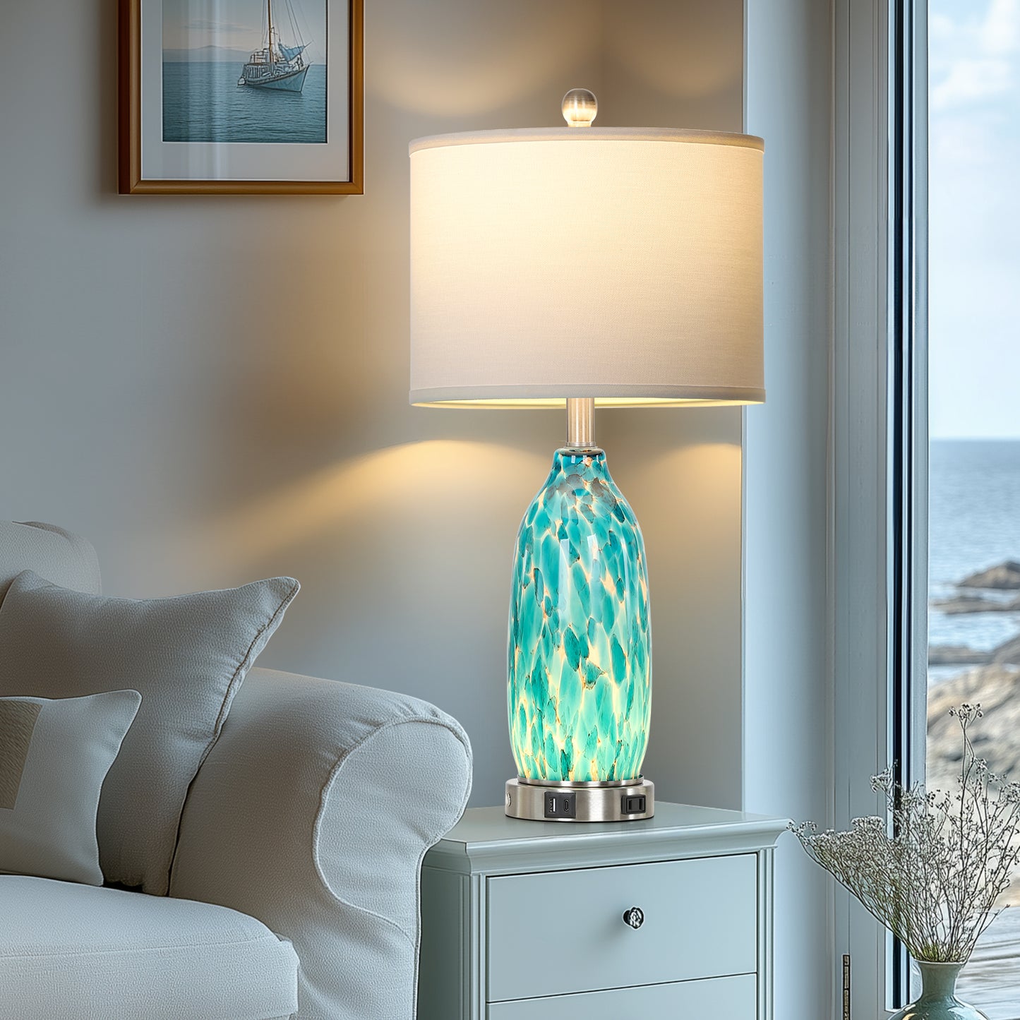 25'' Turquoise Mosaic Table Lamp with USB + Type-C Charging, 3-Way Touch Switch White Linen Shade(Set of 2)