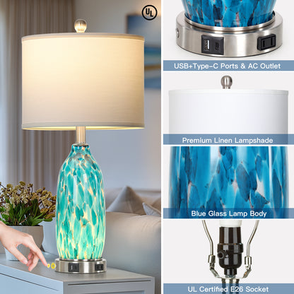 25'' Turquoise Mosaic Table Lamp with USB + Type-C Charging, 3-Way Touch Switch White Linen Shade(Set of 2)