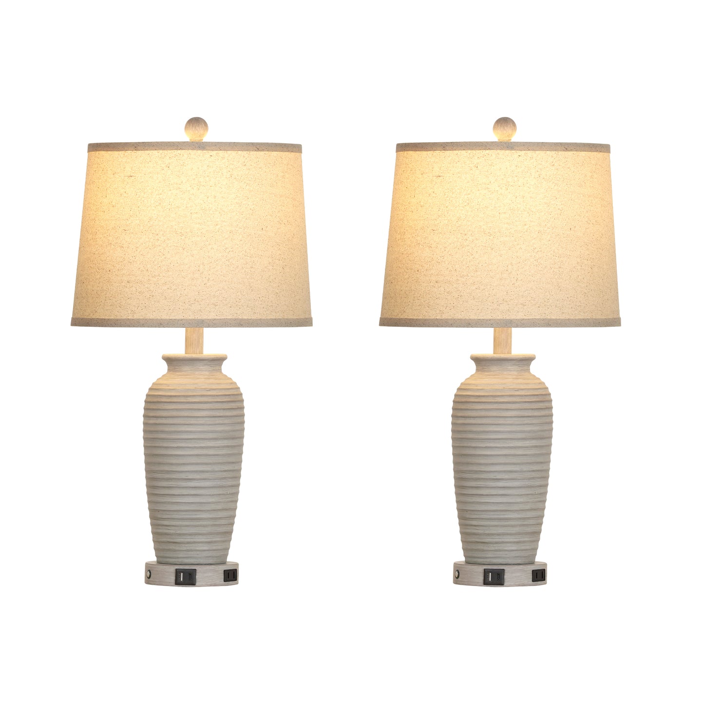 25'' Table Lamp Set (2-Pack) with Oatmeal Linen Shade, 3-Way Dimmable LED Bulb, USB & Type-C Charging, E26 Base(Set of 2)
