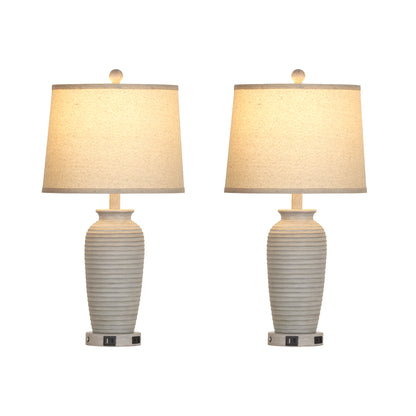 25'' Table Lamp Set (2-Pack) with Oatmeal Linen Shade, 3-Way Dimmable LED Bulb, USB & Type-C Charging, E26 Base(Set of 2)
