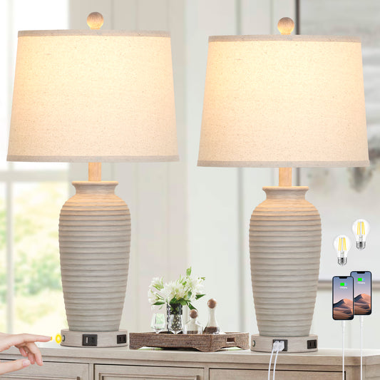 25'' Table Lamp Set (2-Pack) with Oatmeal Linen Shade, 3-Way Dimmable LED Bulb, USB & Type-C Charging, E26 Base(Set of 2)