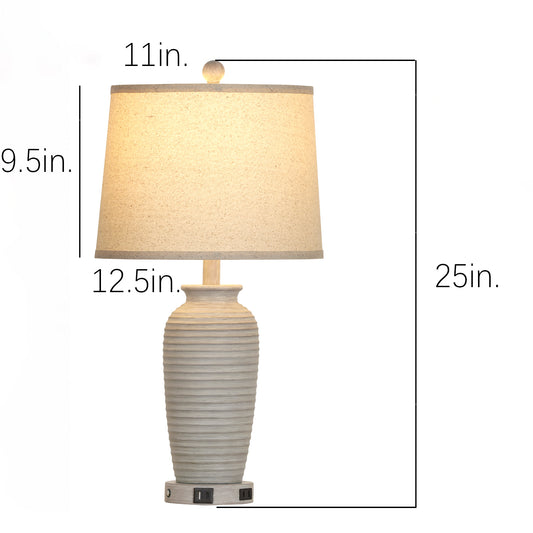 25'' Table Lamp Set (2-Pack) with Oatmeal Linen Shade, 3-Way Dimmable LED Bulb, USB & Type-C Charging, E26 Base(Set of 2)