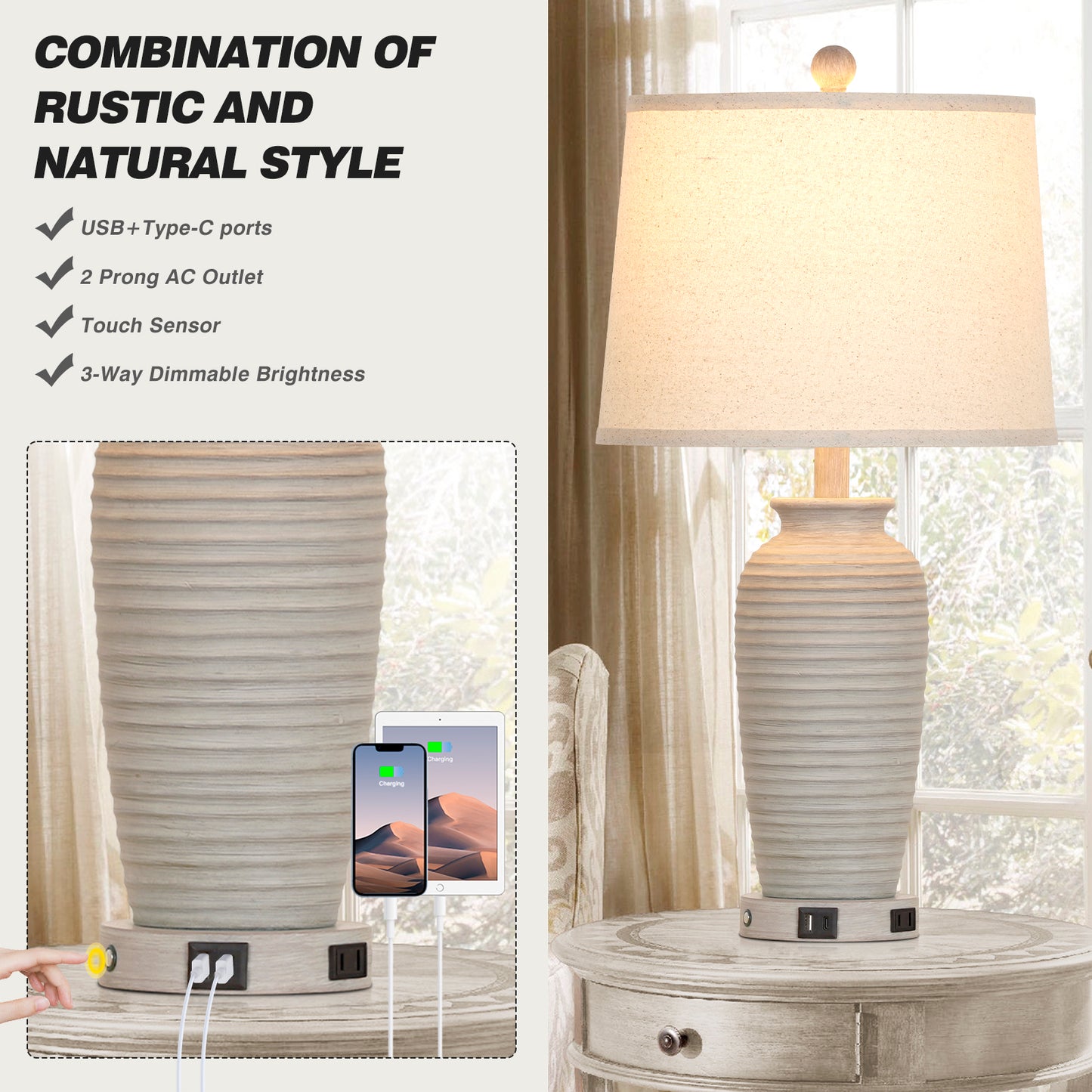 25'' Table Lamp Set (2-Pack) with Oatmeal Linen Shade, 3-Way Dimmable LED Bulb, USB & Type-C Charging, E26 Base(Set of 2)