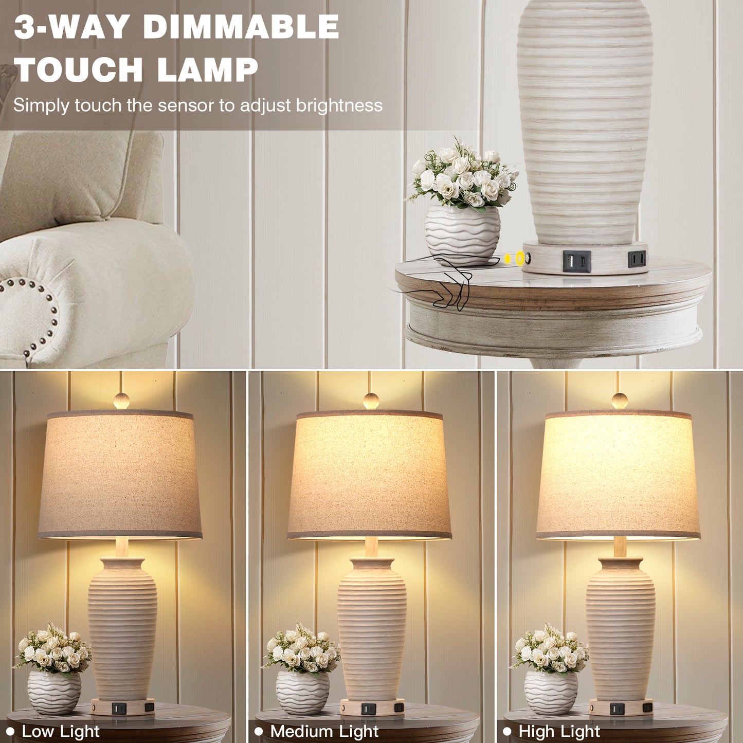 25'' Table Lamp Set (2-Pack) with Oatmeal Linen Shade, 3-Way Dimmable LED Bulb, USB & Type-C Charging, E26 Base(Set of 2)