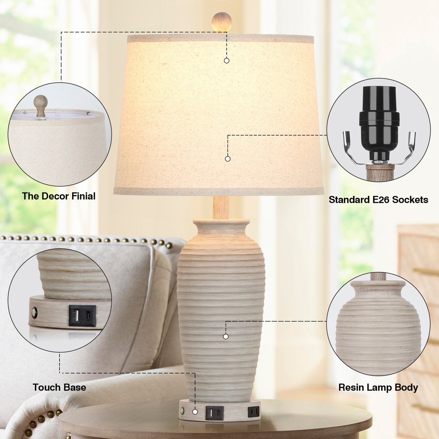 25'' Table Lamp Set (2-Pack) with Oatmeal Linen Shade, 3-Way Dimmable LED Bulb, USB & Type-C Charging, E26 Base(Set of 2)