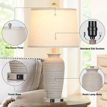 25'' Table Lamp Set (2-Pack) with Oatmeal Linen Shade, 3-Way Dimmable LED Bulb, USB & Type-C Charging, E26 Base(Set of 2)