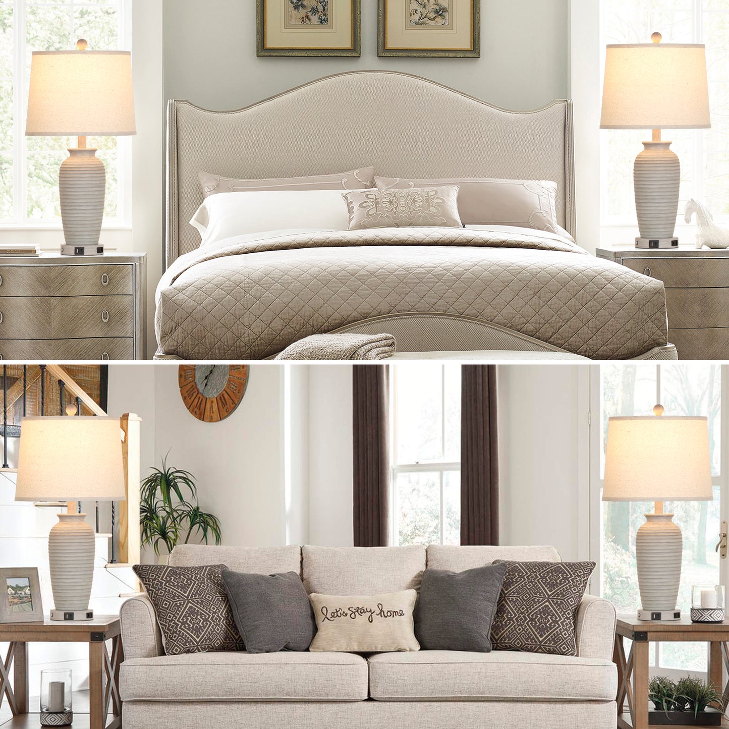 25'' Table Lamp Set (2-Pack) with Oatmeal Linen Shade, 3-Way Dimmable LED Bulb, USB & Type-C Charging, E26 Base(Set of 2)
