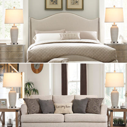 25'' Table Lamp Set (2-Pack) with Oatmeal Linen Shade, 3-Way Dimmable LED Bulb, USB & Type-C Charging, E26 Base(Set of 2)