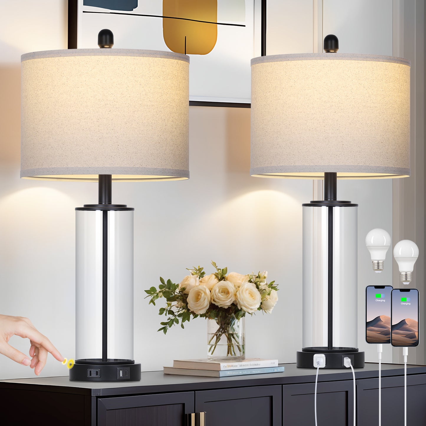 Modern Table Lamp with USB-C & USB-A Ports, Touch Control, and Included Dimmable LED Bulb(Set of 2)