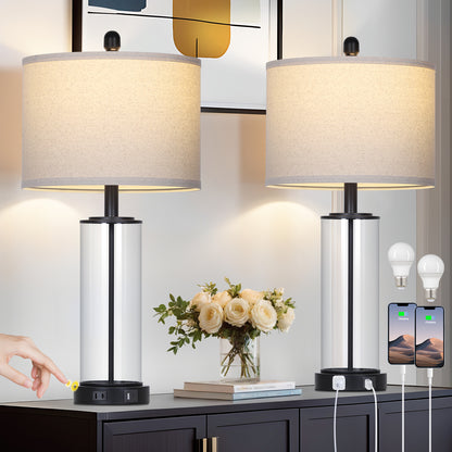 Modern Table Lamp with USB-C & USB-A Ports, Touch Control, and Included Dimmable LED Bulb(Set of 2)
