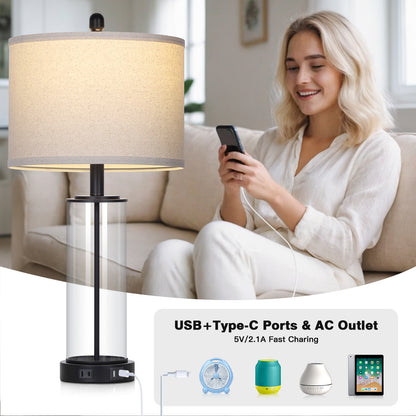 Modern Table Lamp with USB-C & USB-A Ports, Touch Control, and Included Dimmable LED Bulb(Set of 2)