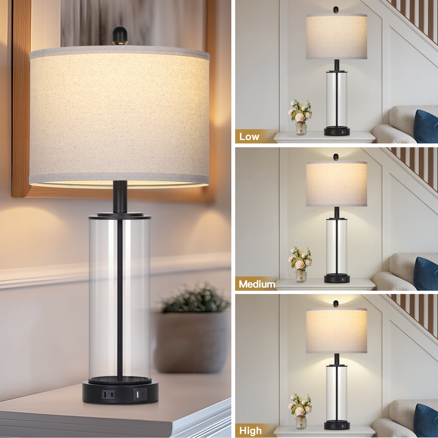 Modern Table Lamp with USB-C & USB-A Ports, Touch Control, and Included Dimmable LED Bulb(Set of 2)